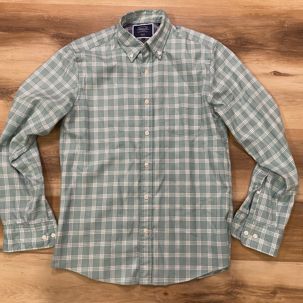 Charles Tyrwhitt Flannel Shirt S Plaid Cotton Slim Fit Sage Green Non-Iron